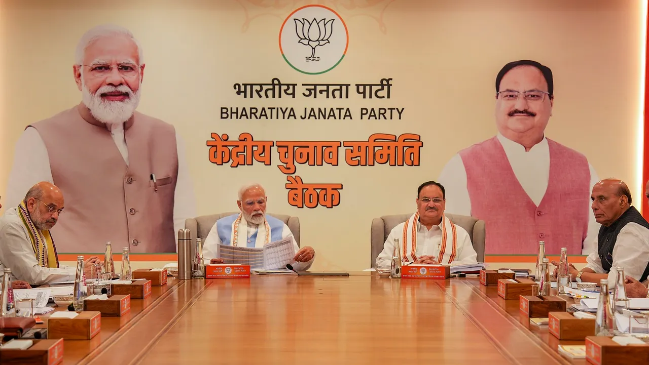 Prime Minister Narendra Modi with BJP National President J.P. Nadda, Union Home Minister Amit Shah and Defence Minister Rajnath Singh during the BJP's Central Election Committee meeting at BJP headquarters, in New Delhi