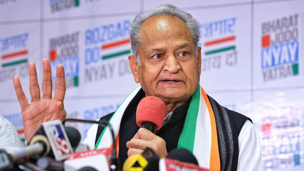 Rajasthan chief minister Ashok Gehlot addresses a press conference over the party's sieze bank accounts in Jaipur