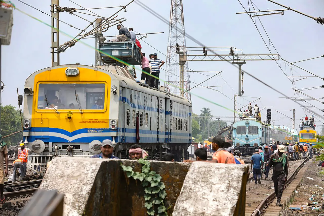 Restoration work underway at the site of the accident involving three trains, near Bahanga Bazar railway station in Balasore district