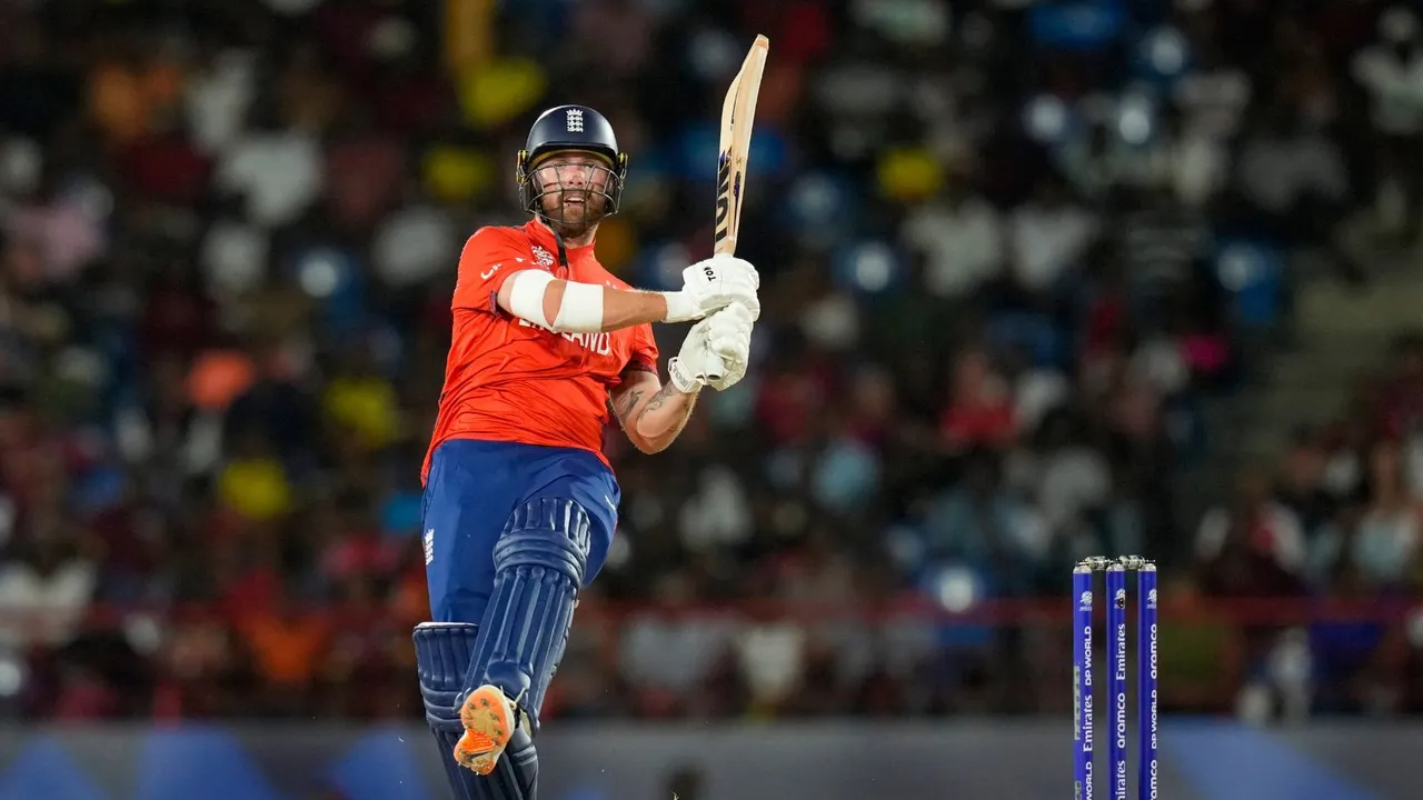 England's Phil Salt bats during the men's T20 World Cup cricket match between England and the West Indies at Darren Sammy National Cricket Stadium, Gros Islet, St Lucia, Wednesday, June 19, 2024.