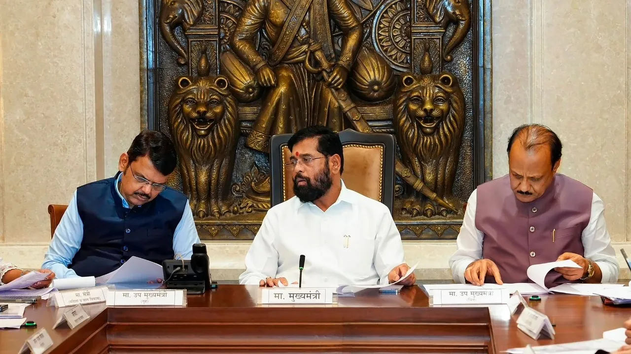 Maharashtra Chief Minister Eknath Shinde, Dy CMs Devendra Fadnavis and Ajit Pawar during a meeting regarding 'Mukhyamantri Majhi Ladki Bahin Yojana', at Vidhan Bhavan in Mumbai, Tuesday, July 2, 2024.