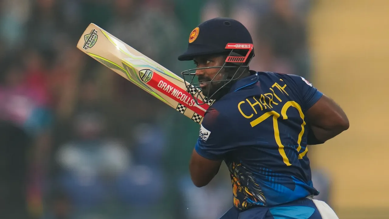 Sri Lankan batsman Charith Asalanka plays a shot during the ICC Men's Cricket World Cup match between Sri Lanka and Bangladesh, at the Arun Jaitley Stadium in New Delhi