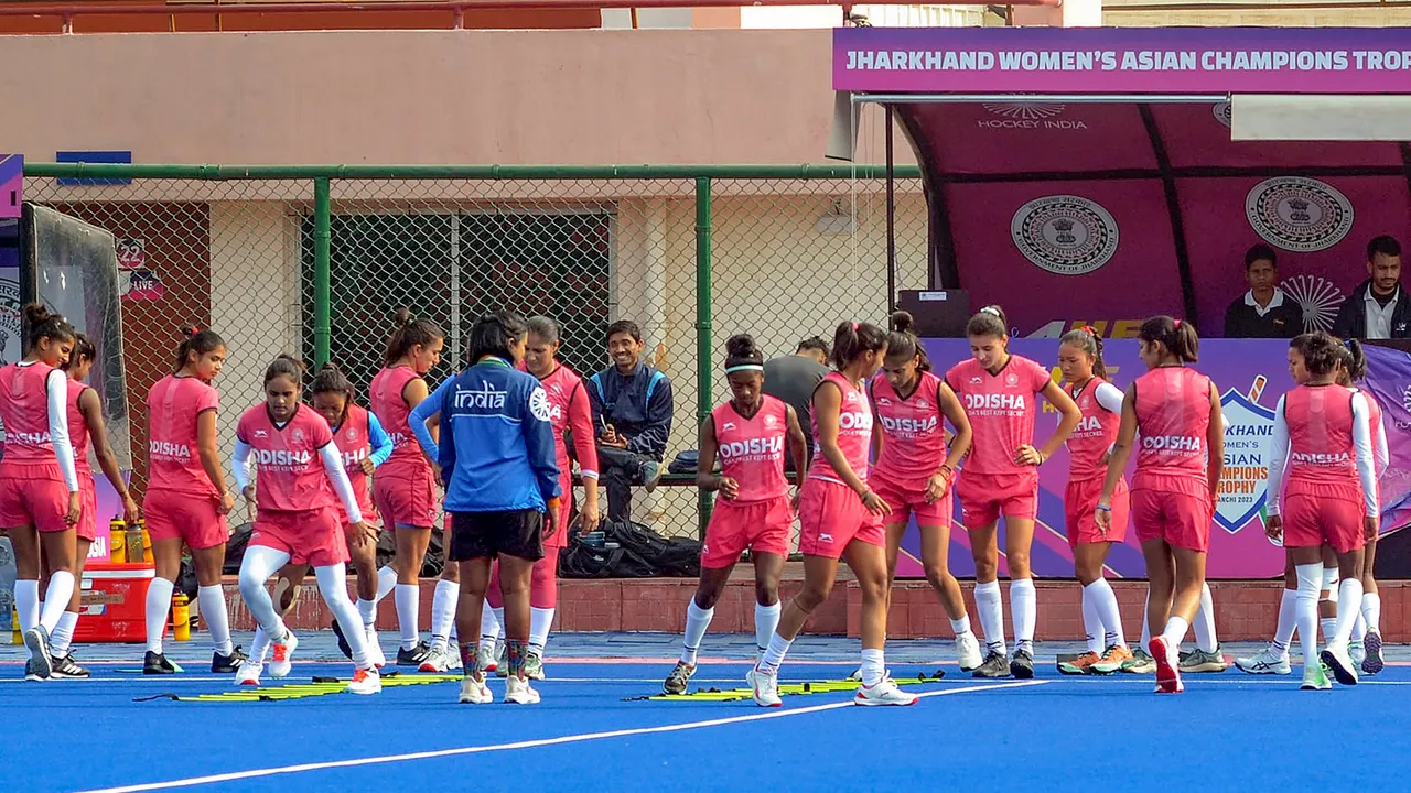 Indian women's hockey team players during a warm-up session ahead of their Olympic Qualifiers matches, at Birsa Munda Astroturf Hockey Stadium in Ranchi