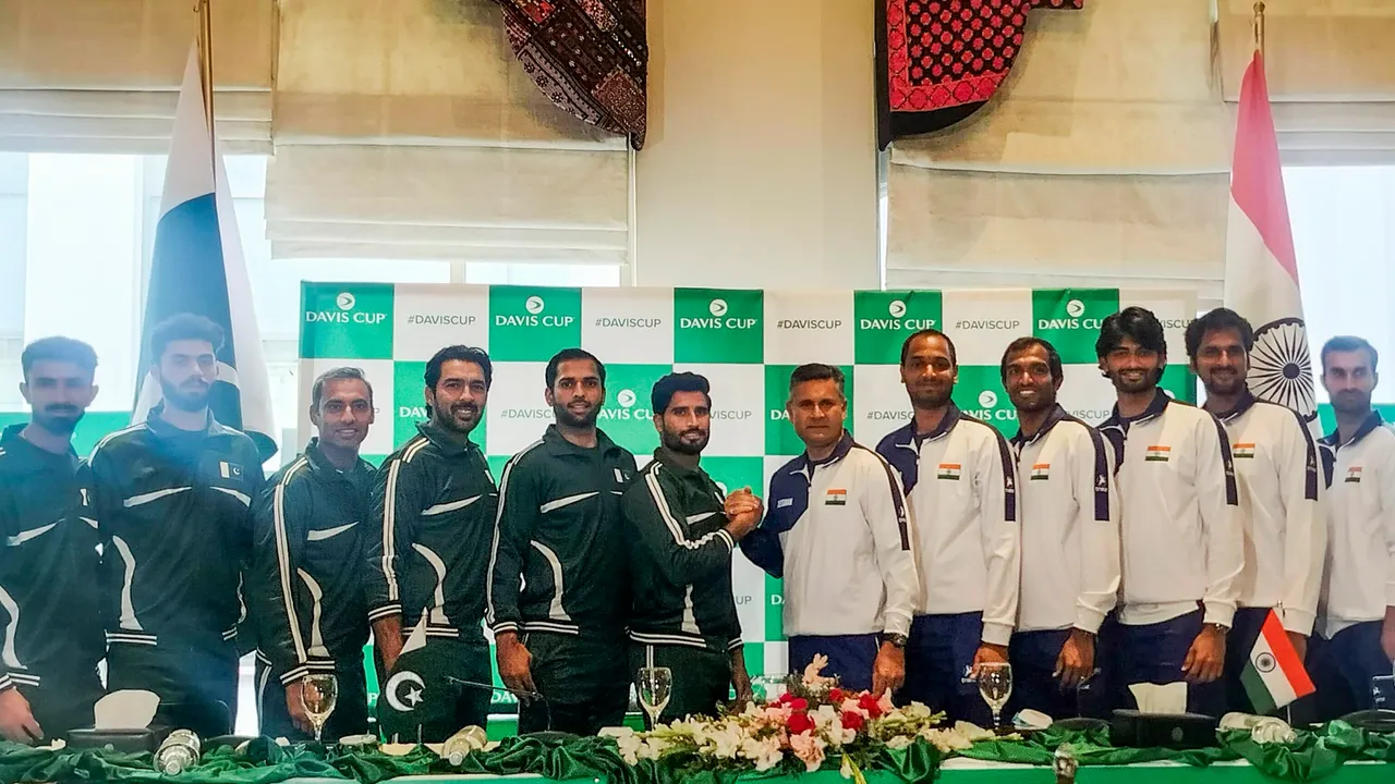 Islamabad: India's Ramkumar Ramanathan, Pakistan's Aisam-ul-Haq Qureshi and other players ahead of their Davis Cup match, at Islamabad Sports Complex, Friday, Feb. 2, 2024