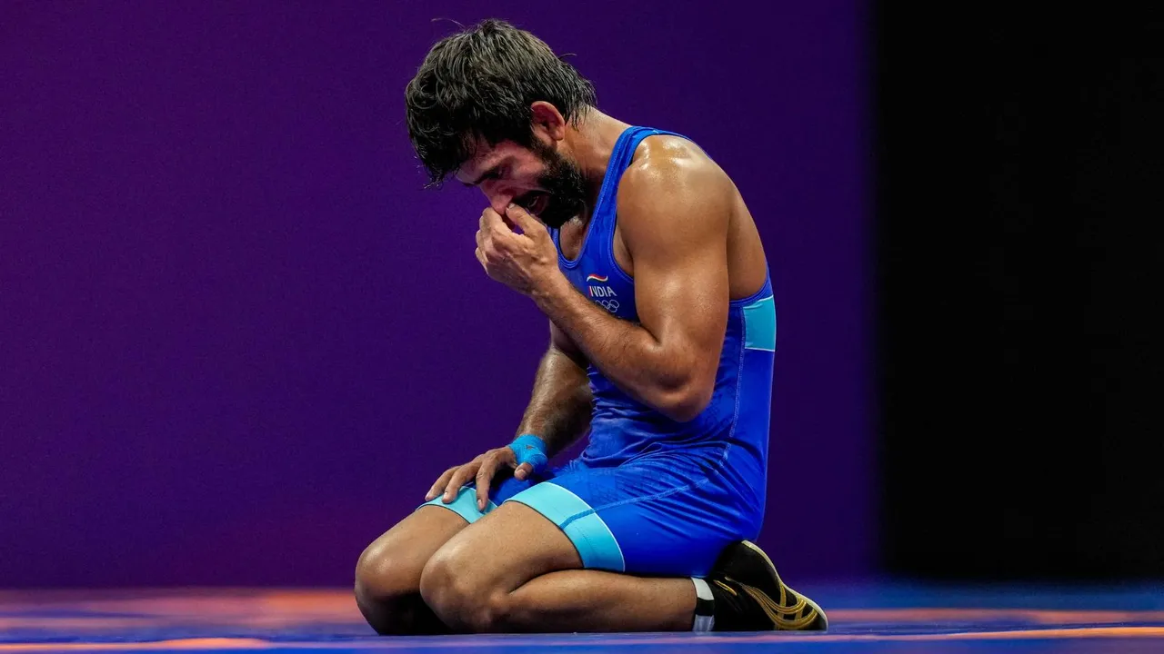 In this Friday, Oct. 6, 2023 file photo, India's Bajrang Punia reacts during the 19th Asian Games, in Hangzhou, China