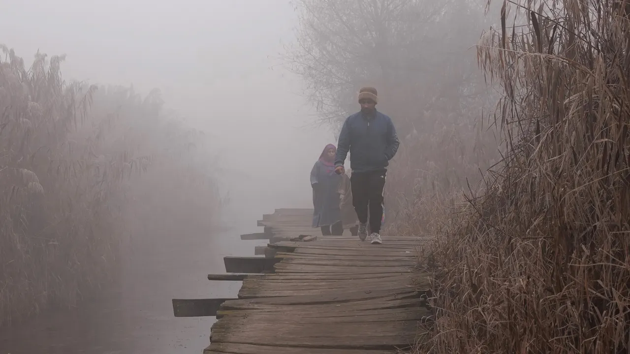 People crossing a wooden bridge amid dense fog, in Srinagar