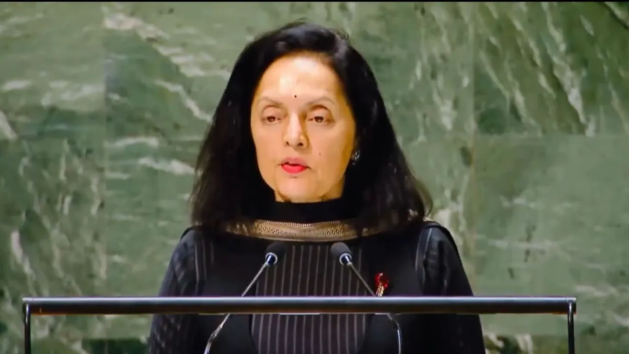 India’s Permanent Representative to the UN, Ambassador Ruchira Kamboj addressing UN General Assembly meeting