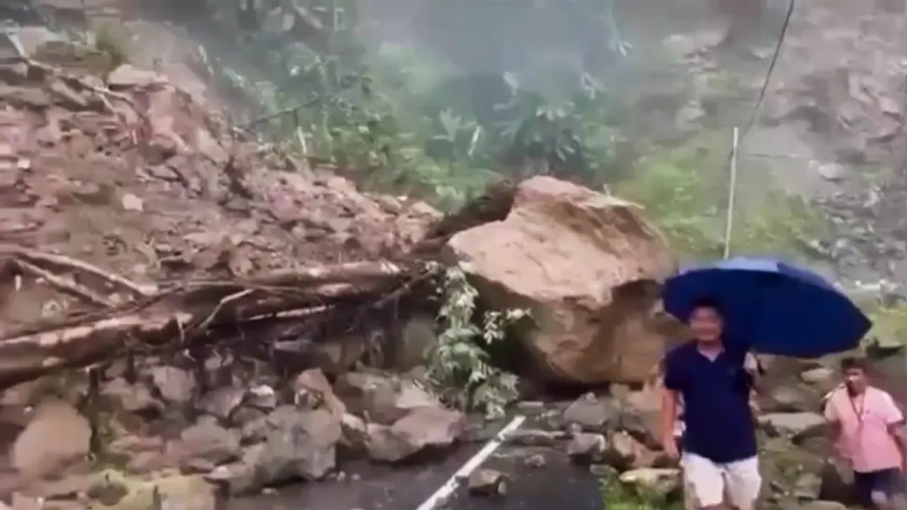 A road blocked by debris after multiple landslides, in Arunachal Pradesh, Tuesday, July 2, 2024