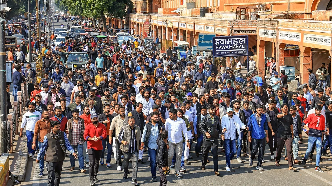 Rashtriya Rajput Karni Sena supporters during a protest against the killing of their leader Sukhdev Singh Gogamedi, in Jaipur