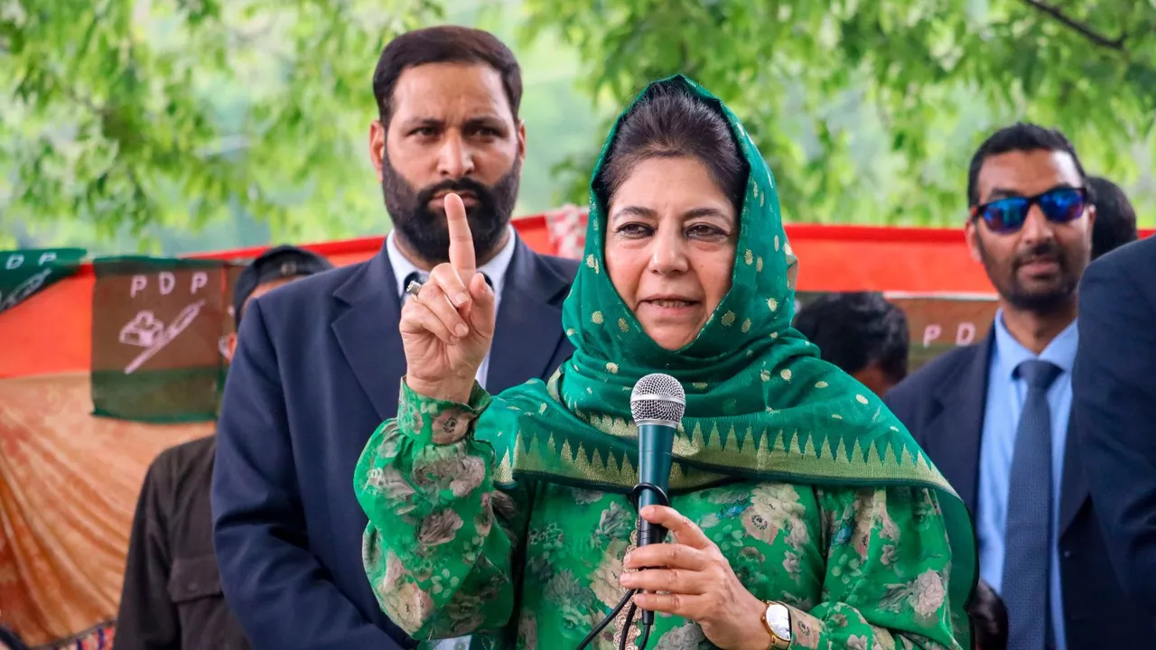 PDP President Mehbooba Mufti addresses a gathering, at Mendhar in Poonch district, Friday, April 26, 2024