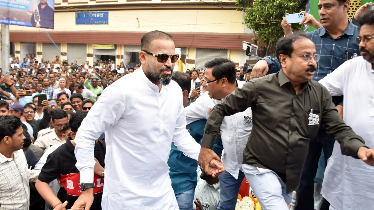 Former cricketer and TMC candidate Yusuf Pathan during an election campaign ahead of the upcoming Lok Sabha elections, at Berhampore in Murshidabad district