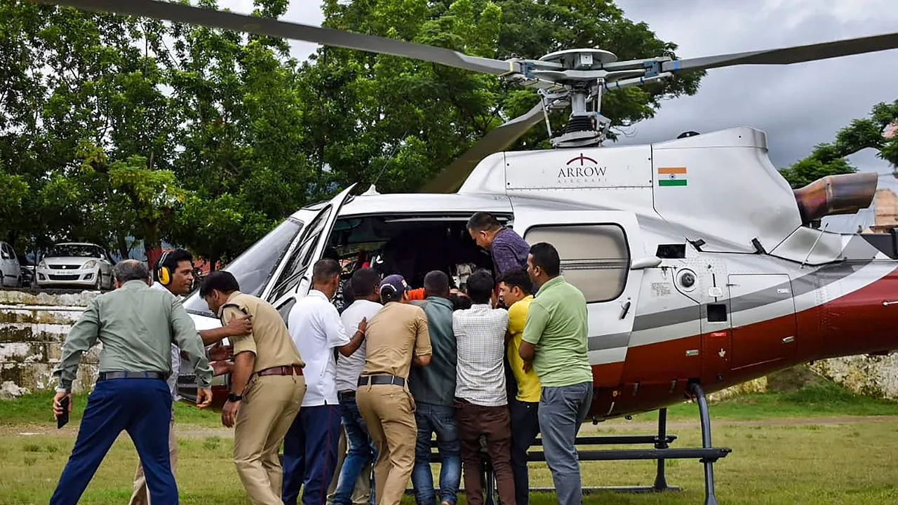 An injured being airlifted to AIIMS Rishikesh after an accident at a power transformer at a Namami Gange project site on the banks of the Alaknanda river, in Chamoli district