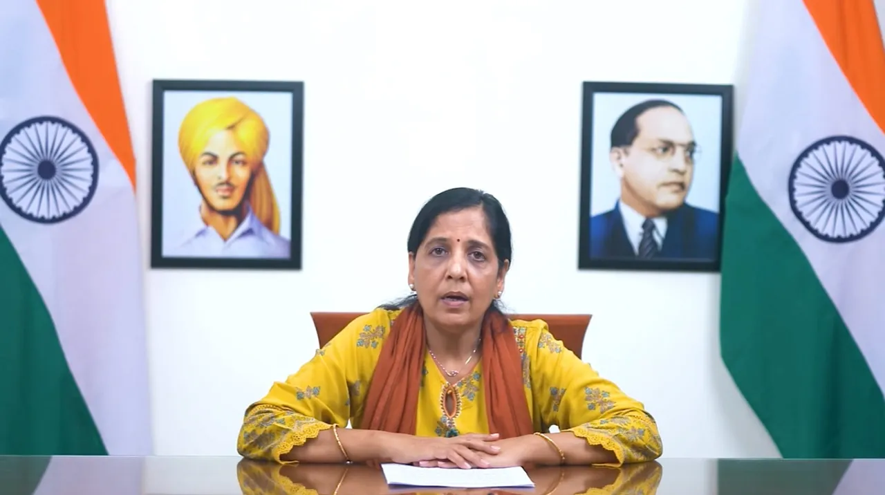 Sunita Kejriwal, wife of Delhi Chief Minister and AAP Convenor Arvind Kejriwal, delivers his message via a video conference, on Saturday, March 23, 2024