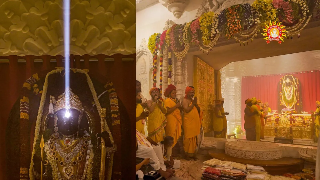 Ritual of 'Surya Tilak' being performed on the idol of 'Ram Lalla' on the occasion of 'Ram Navami', at the Ram Temple in Ayodhya, Wednesday, April 17, 2024