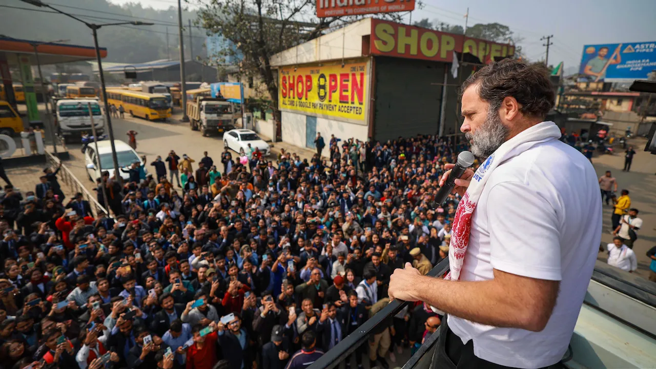 Rahul Gandhi addresses a public meeting during the 'Bharat Jodo Nyay Yatra', in Barpeta, Assam, Tuesday, Jan. 23, 2024.