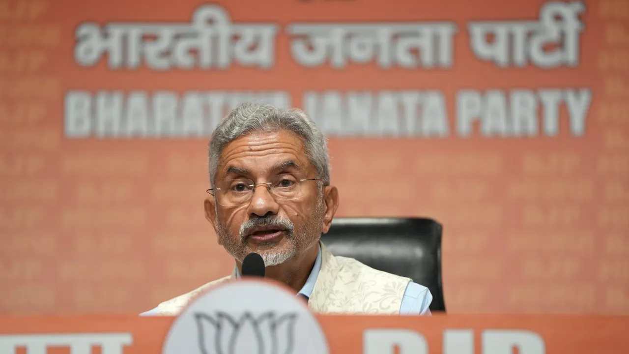 External Affairs Minister S. Jaishankar addresses a press conference at the BJP Headquarters, in New Delhi