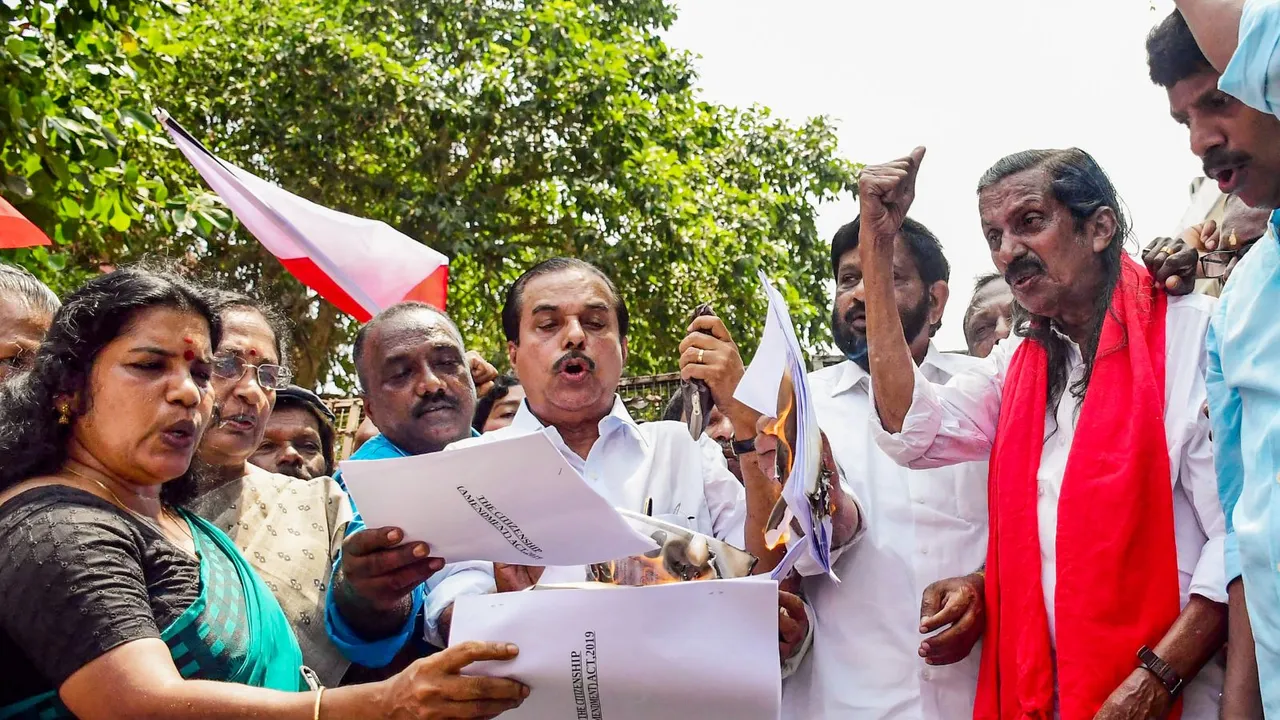 Leaders of Left Democratic Front (LDF) stage a protest after the central government notified the rules for implementation of the Citizenship (Amendment) Act, 2019, in Thiruvananthapuram, Tuesday