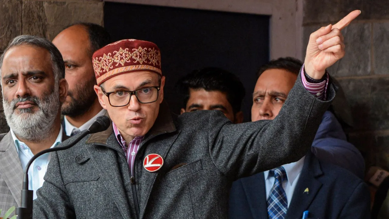 Former Jammu and Kashmir chief minister and National Conference Vice President Omar Abdullah addresses during the one-day Provincial Youth Convention Kashmir-2024 ahead of Lok Sabha elections