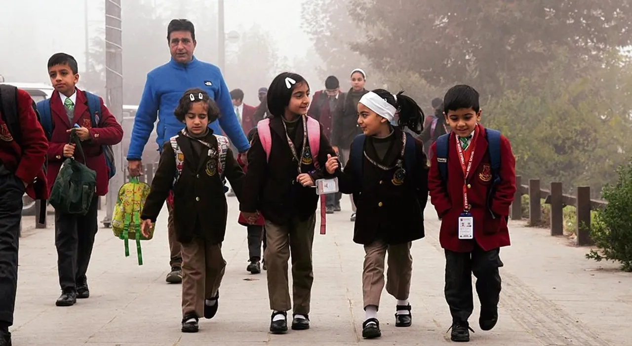 Kids going to school in winters