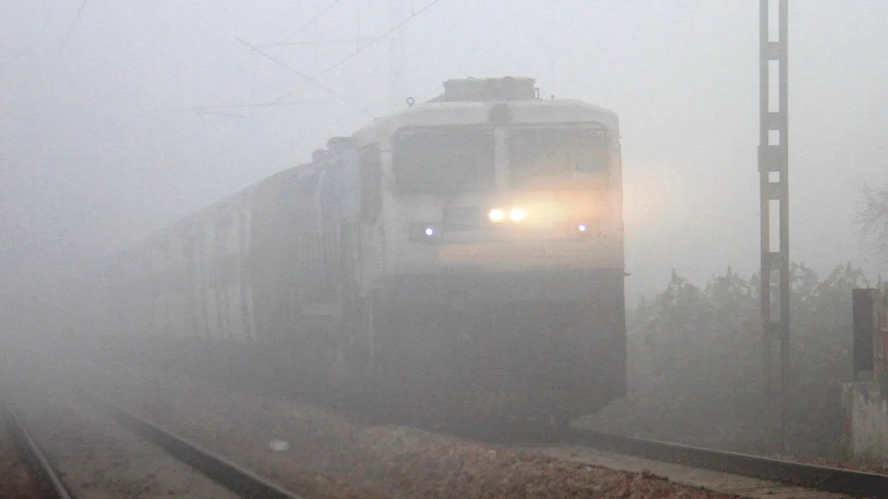 A train runs amid low visibility due to dense fog, in Gurugram, Monday, Jan. 15, 2024.