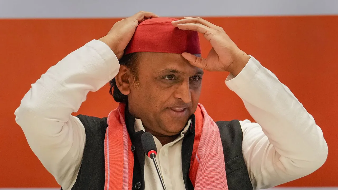 Samajwadi Party President Akhilesh Yadav during a press conference, ahead of Lok Sabha elections, in Ghaziabad, Wednesday, April 17, 2024