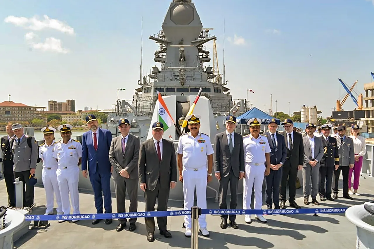 German Federal Minister of Defence Boris Pistorius with Flag Officer Commanding-in-Chief of Western Naval Command Vice Admiral Dinesh K. Tripathi and other officials during a tour at INS Mormugao