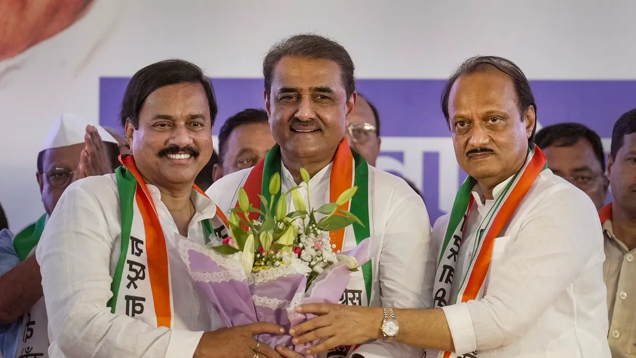 Maharashtra Deputy Chief Minister Ajit Pawar with Nationalist Congress Party (NCP) leaders Praful Patel and Sunil Tatkare during a meeting of Ajit Pawar-led NCP, in Mumbai