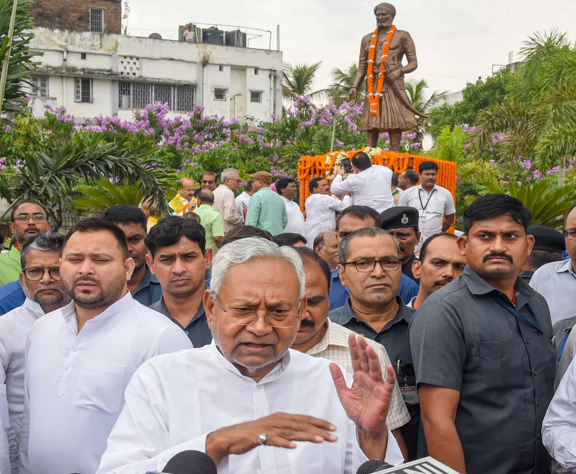 Chief Minister Nitish Kumar with Deputy Chief Minister Tejashwi Yadav speaks to the media during birth anniversary of Bhamashah, in Patna