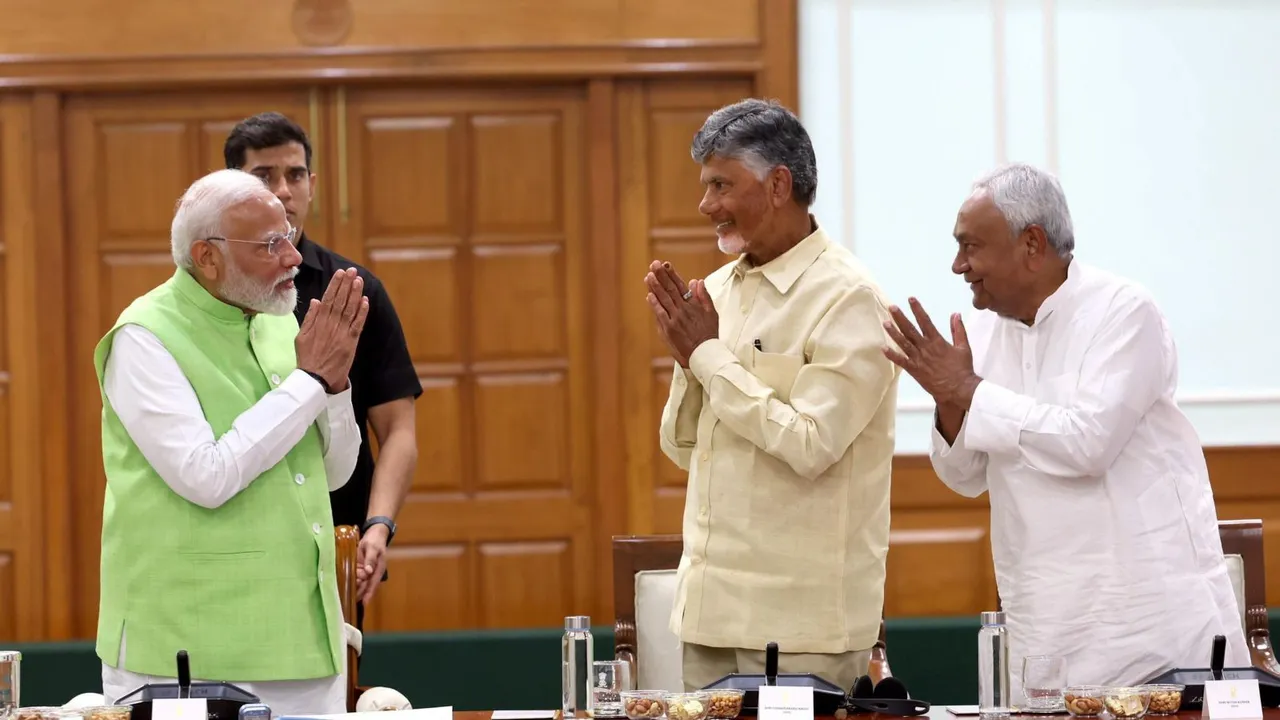 Prime Minister Narendra Modi with TDP chief N Chandrababu Naidu and JD(U) chief Nitish Kumar during National Democratic Alliance (NDA) meeting at PM's residence, in New Delhi, Wednesday, June 5, 2024.