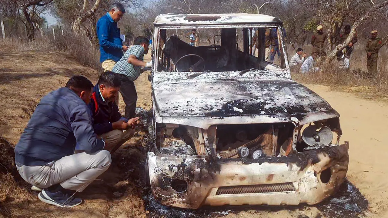 Charred remains of a vehicle where bodies of two Muslim men were found, at Loharu in Bhiwani district, Haryana. Nasir and Junaid alias 'Juna', both residents of Ghatmeeka village in Bharatpur district of Rajasthan, were allegedly abducted on Wednesday and their bodies were found on Thursday morning