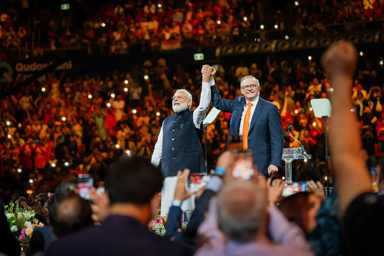 Prime Minister Narendra Modi with his Australian counterpart Anthony Albanese at an Indian community programme, in Sydney