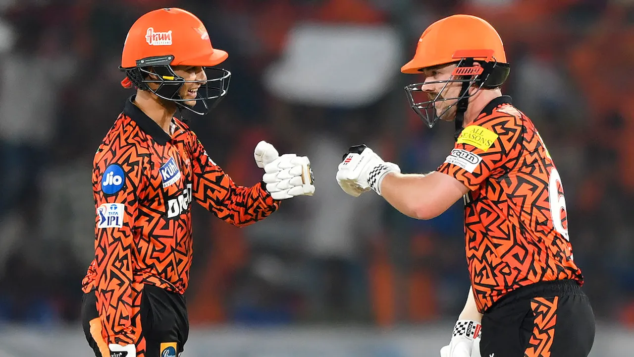 Sunrisers Hyderabad batters Abhishek Sharma and Travis Head during the Indian Premier League (IPL) 2024 T20 cricket match between Sunrisers Hyderabad and Mumbai Indians, at Rajiv Gandhi International Cricket Stadium, Uppal, in Hyderabad, Wednesday, March 27, 2024.