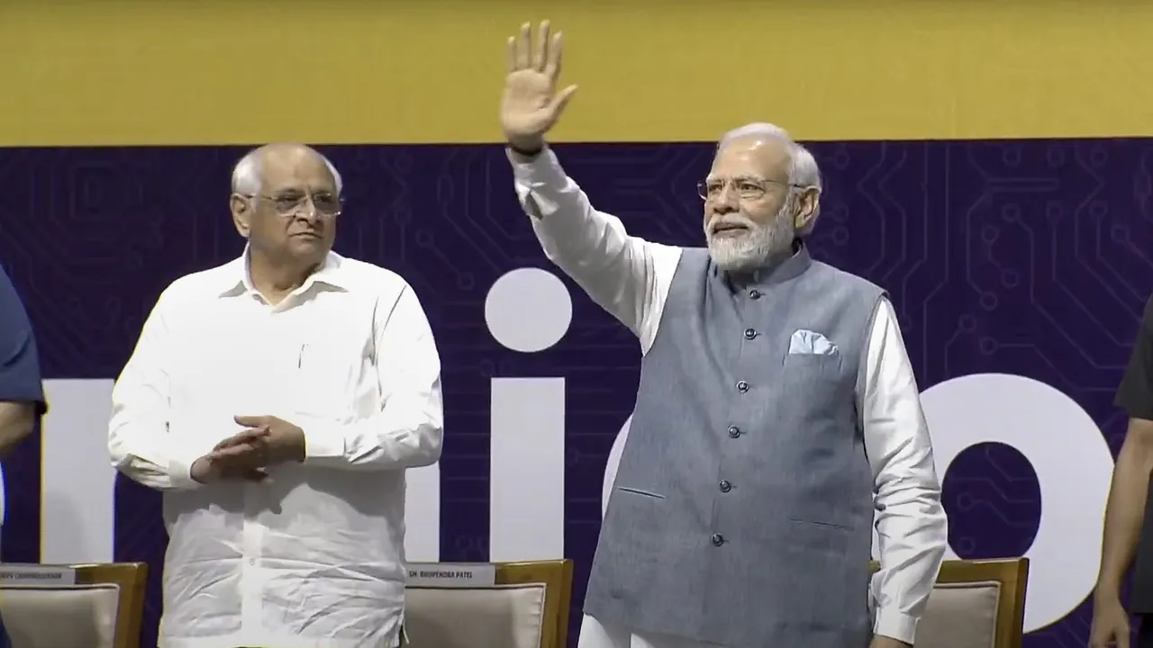 Prime Minister Narendra Modi and Gujarat Chief Minister Bhupendra Patel during the Semicon India Conference 2023, in Gandhinagar