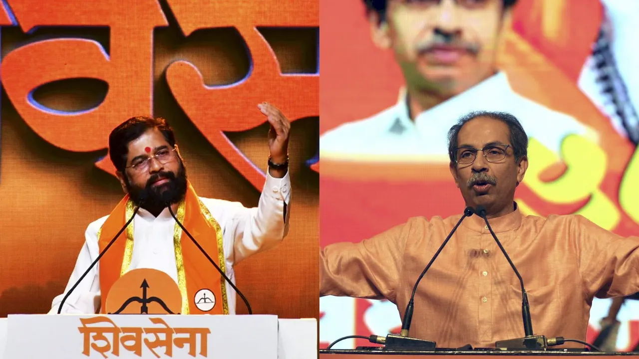 Uddhav Thackeray and Eknath Shinde speaking during the 58th Foundation Day of Shiv Sena, in Mumbai, Wednesday, June 19, 2024.