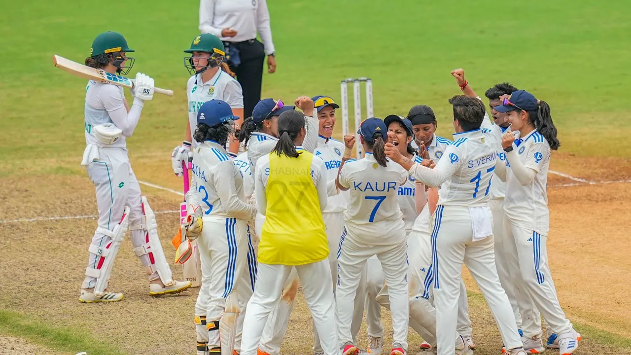 India's Rajeshwari Gayakwad celebrates the wicket of South Africa Women's captain Laura Wolvaardt, in Chennai, Monday, July 1, 2024.