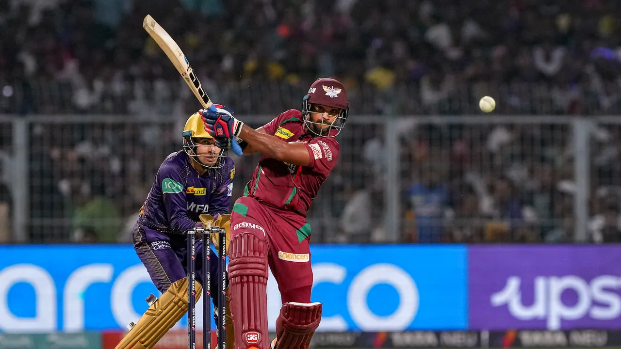 Lucknow Super Giants batter Nicholas Pooran plays a shot against Kolkata Knight Riders at Eden Gardens in Kolkata on May 20