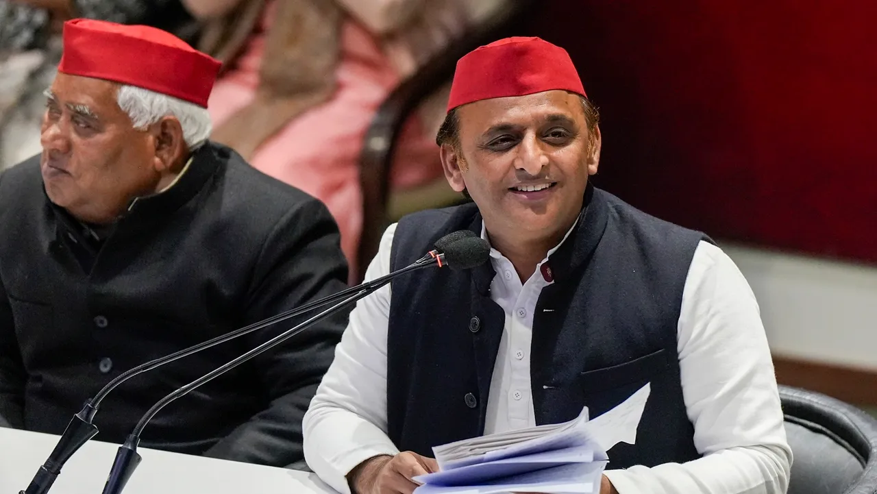 Samajwadi Party President Akhilesh Yadav addresses a press conference at the party office, in Lucknow