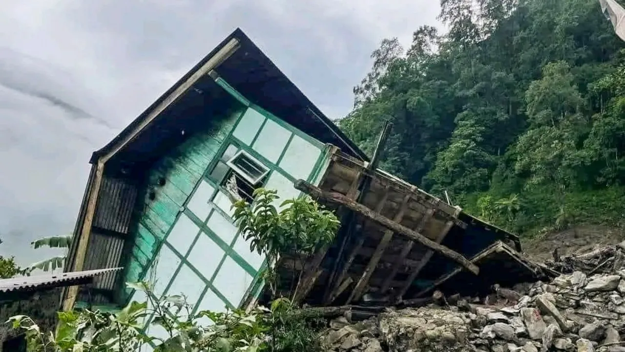 A house damaged due to landslides triggered by incessant rainfall, in North Sikkim, Thursday, June 13, 2024.