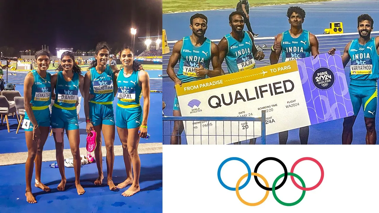 Indian women and men's 4x400m relay team members pose for photos after qualifying for Paris Olympics, at the World Athletics Relays, in Nassau, Bahamas, Monday, May 6, 2024