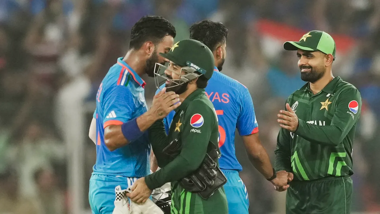 India's KL Rahul and Shreyas Iyer meet with Pakistan's players after winning the ICC Men's Cricket World Cup 2023 match against Pakistan, at Narendra Modi Stadium, in Ahmedabad, Saturday, Oct. 14, 2023.