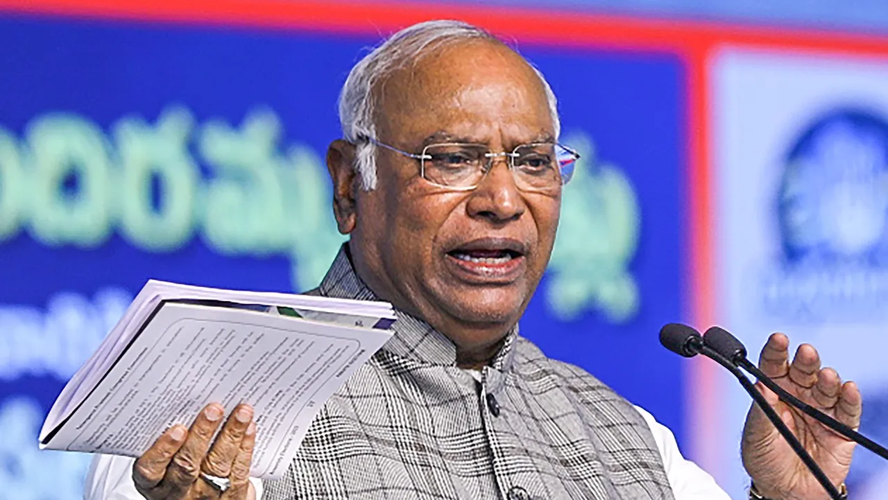 Congress President Mallikarjun Kharge addresses a gathering after releasing the party's manifesto ahead of Telangana Assembly elections, in Hyderabad