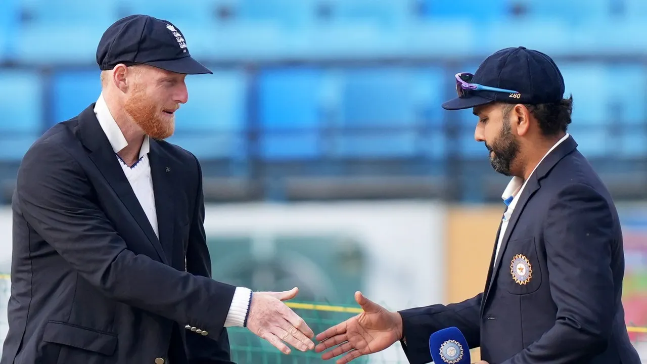 India's captain Rohit Sharma and England's captain Ben Stokes at the toss before the start of the fifth Test cricket match between India and England, in Dharamshala