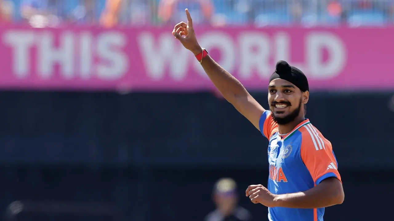 Arshdeep Singh celebrates the dismissal of United States' Shayan Jahangir during the ICC Men's T20 World Cup cricket match between United States and India