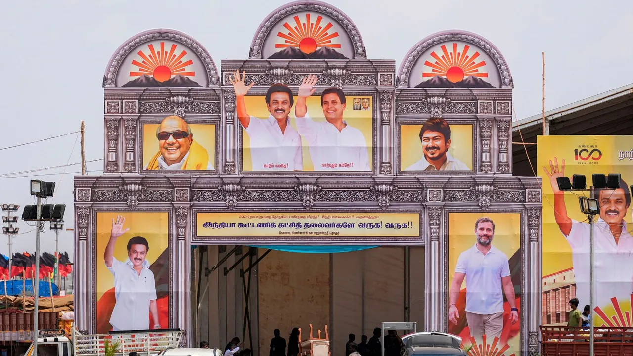 Preparations underway for Congress leader Rahul Gandhi and Tamil Nadu CM and DMK chief M.K.Stalin's public meeting, ahead of the upcoming Lok Sabha elections, in Coimbatore, Friday, April 12, 2024