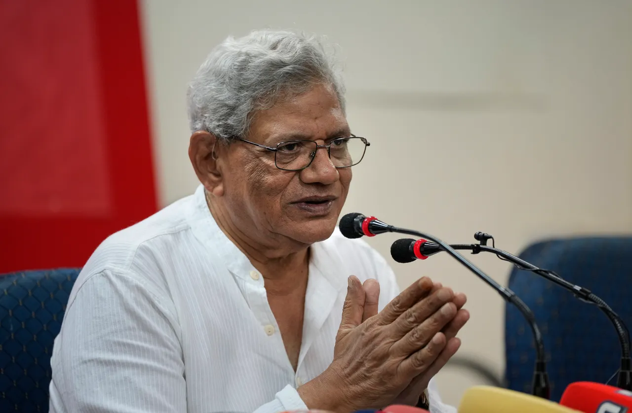 CPI(M) General Secretary Sitaram Yechury addresses a press conference, at the party office in New Delhi