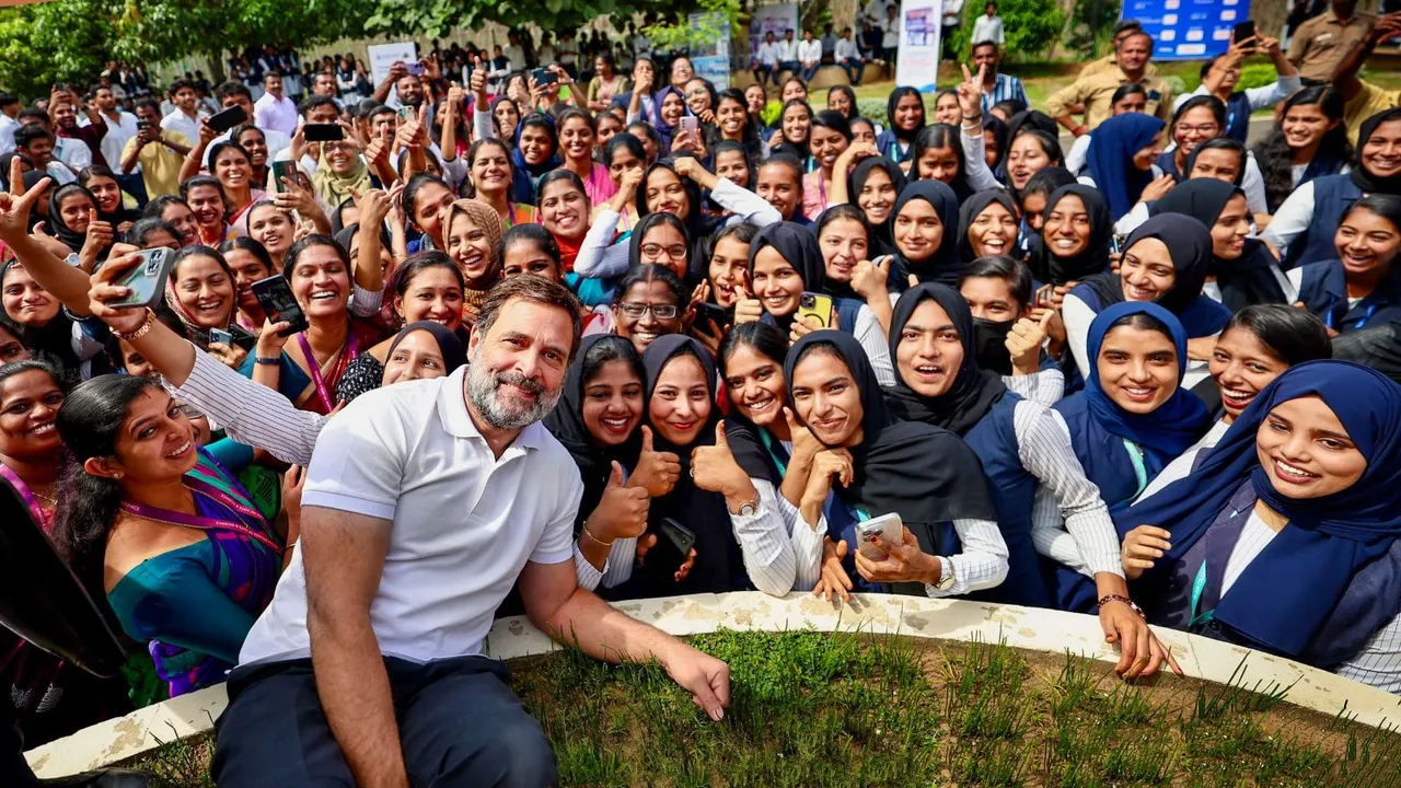 Congress leader Rahul Gandhi interacts with students during a visit to the Nilgiri College of Arts and Science, in Nilgiri, Tamil Nadu