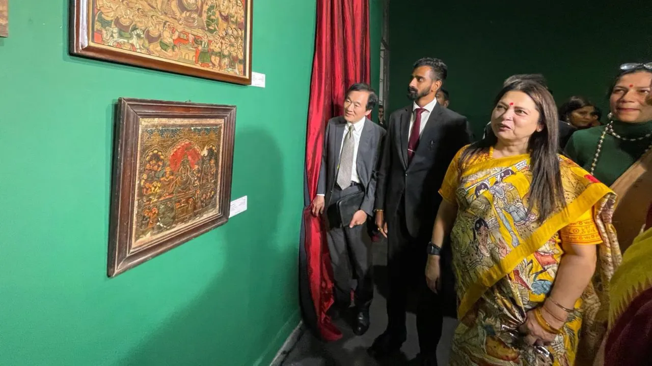 Union Minister of State for Culture Meenakashi Lekhi and Sri Lankan minister Jeevan Thondaman on the opening day of a special exhibition themed on Ramayana, at the National Gallery of Modern Art, in New Delhi