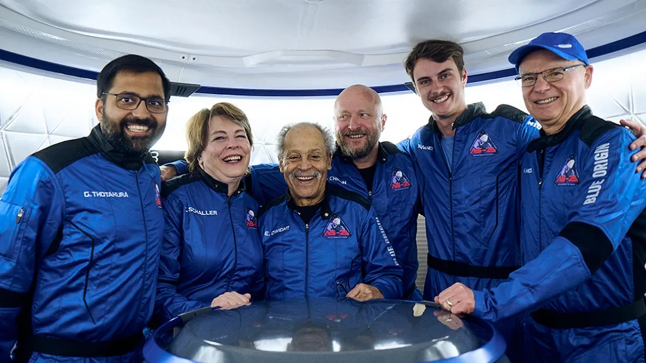 Indian entrepreneur and pilot Gopi Thotakura with crew members of Blue Origin's private astronaut launch NS-25 mission, in Texas.