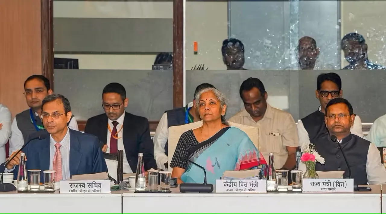 Finance Minister Nirmala Sitharaman with Union MoS for Finance Pankaj Chaudhary, Revenue Secretary Sanjay Malhotra and others during the 52nd Goods and Services Tax (GST) Council Meeting
