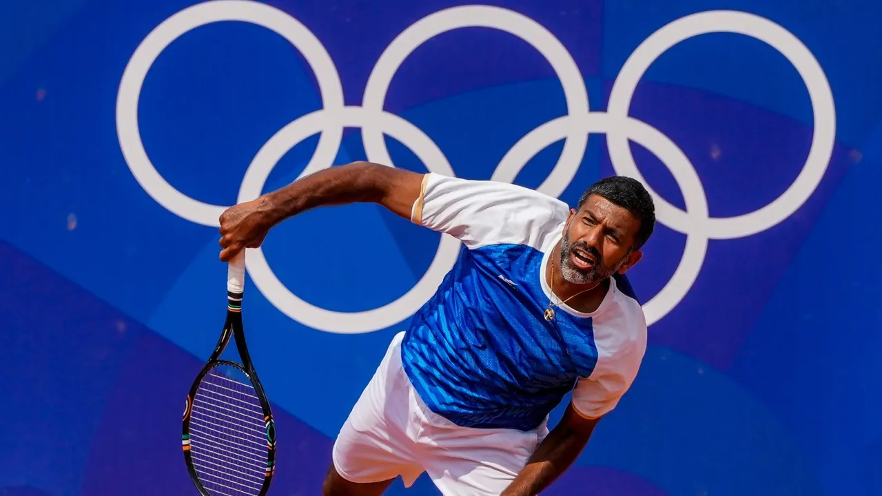 Indian tennis player Rohan Bopanna during practice for the Men's Doubles Tennis event in the upcoming Paris 2024 Olympics, at the Roland Garros Stadium in Paris, Wednesday, July 24, 2024.